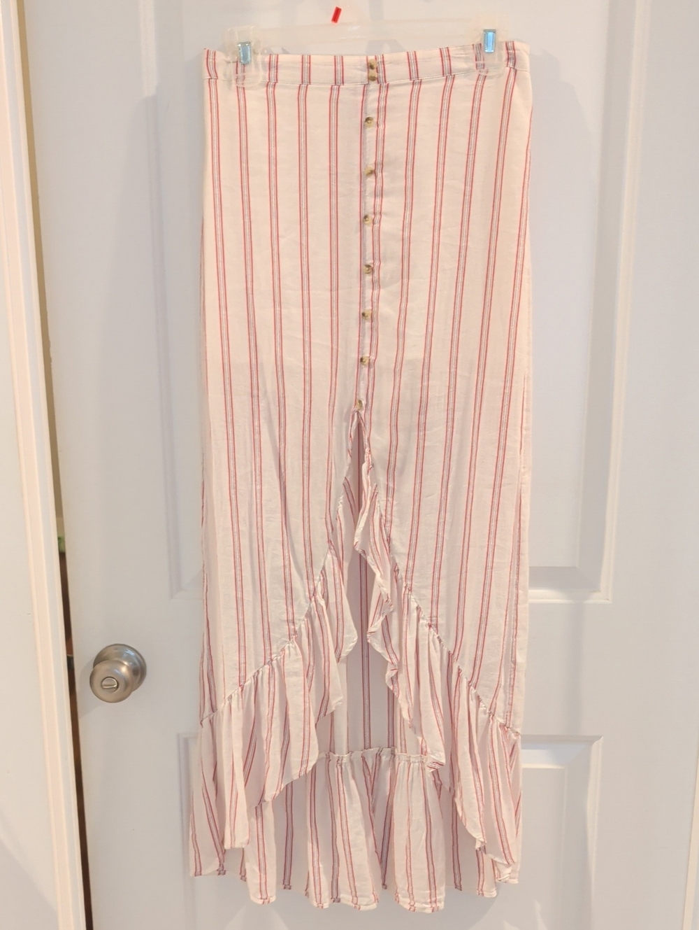 American Eagle Striped Ruffle Front Button Maxi Skirt High Low